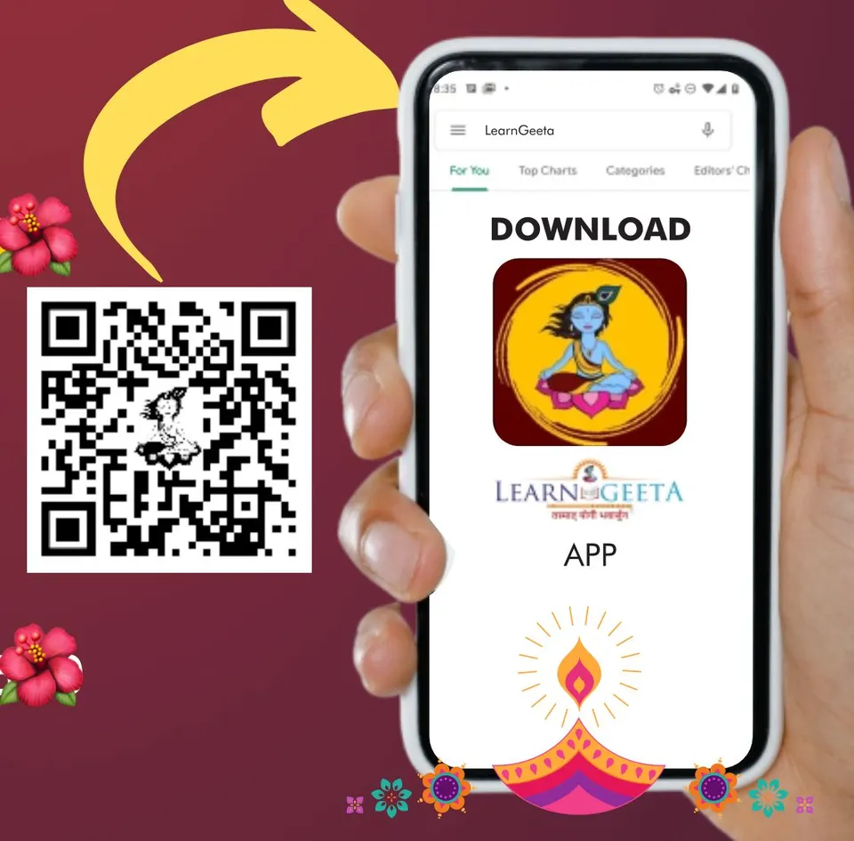 Promotional card inviting users to download the LearnGeeta app, with a scannable QR code and the Play Store listing shown on a phone.