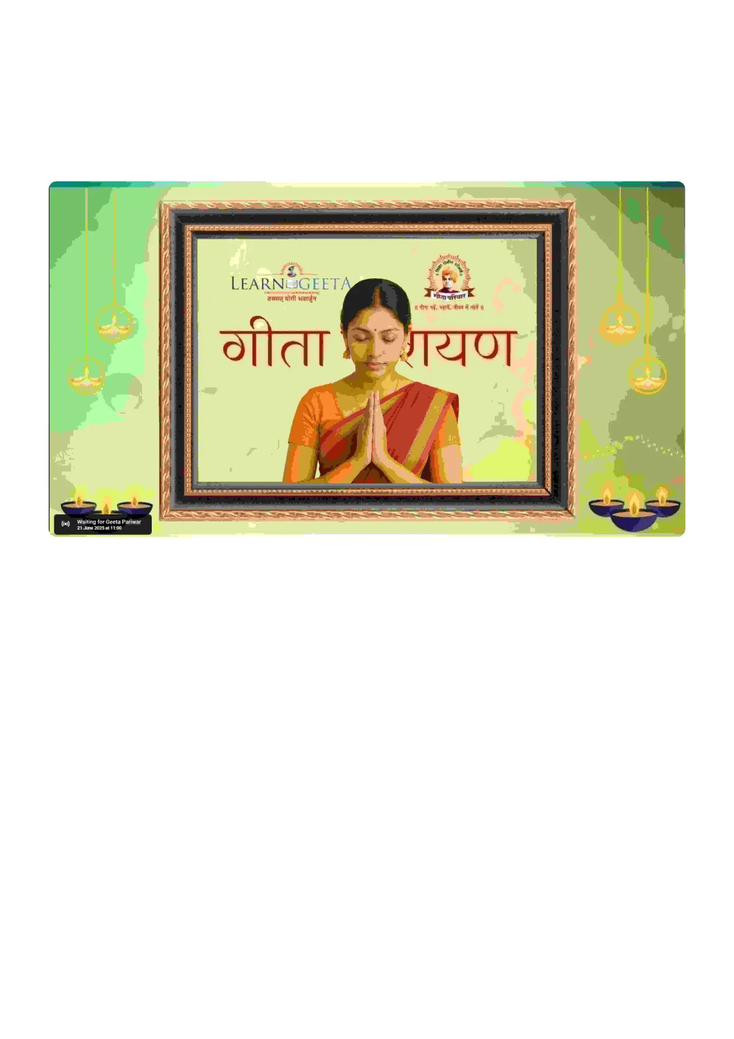Title card for the Geeta Gayan online se ion held on 21 June 2025, hosted by Geeta Pariwar and LearnGeeta.