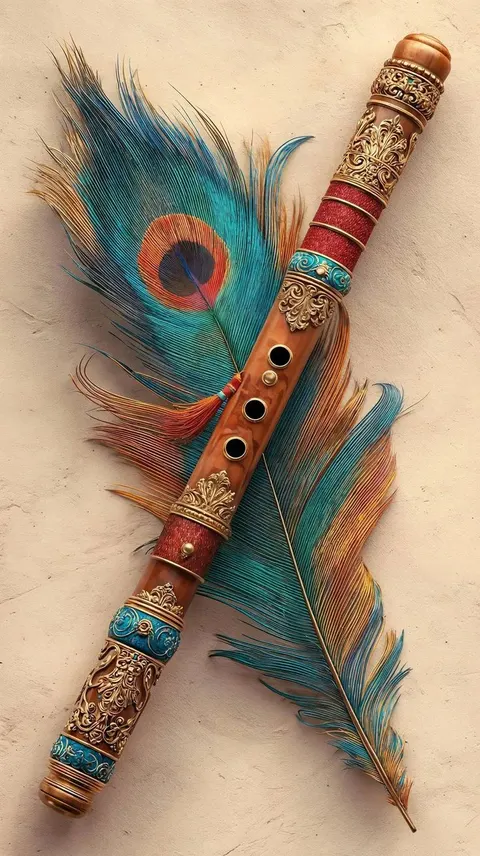 An ornamented flute rests acro  peacock feathers on a cream stone surface.