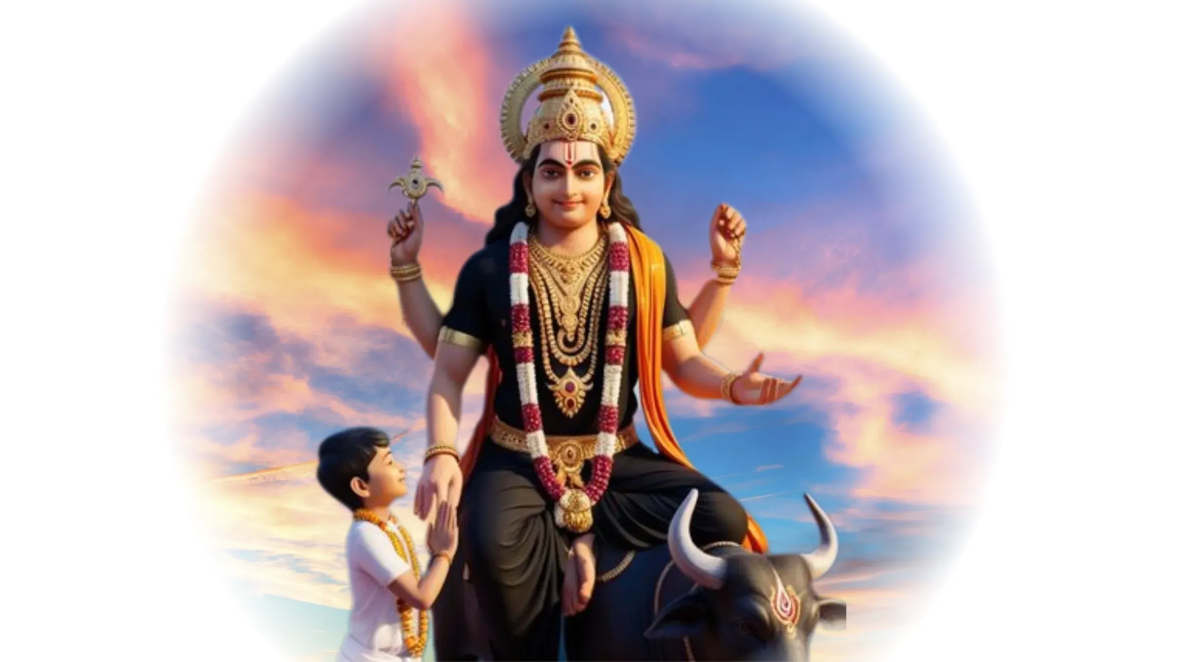 Yama, seated on his buffalo against a sunset sky, receives the boy Nachiketa, who stands before him with folded hands.